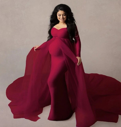 Grūtnieču tilla Maxi kleitas Baby Shower Kokvilnas aizmugurējā kleita Elastīga Grūtnieces Rozā Eleganta Fotokleita