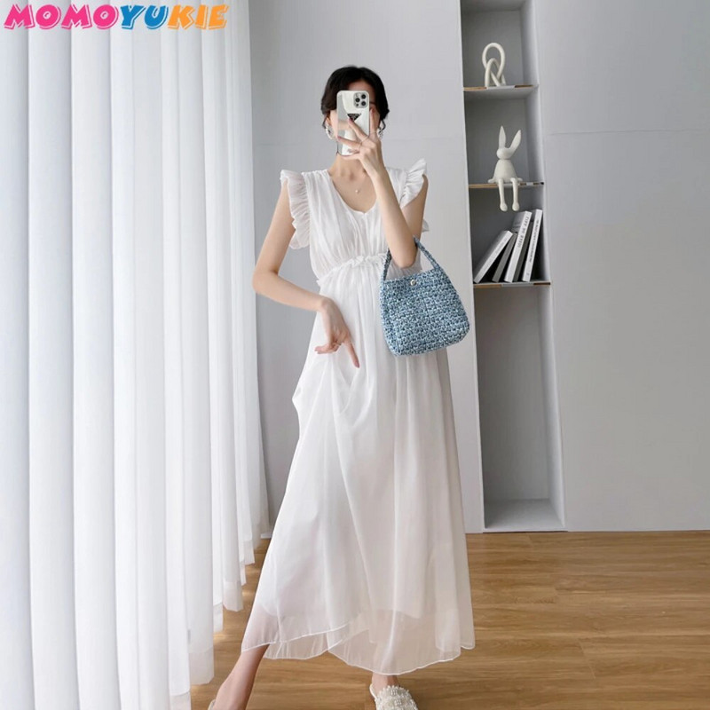 Suvised peokleidid Rasedate haldjaskleit kroonlehtedega varrukatega kõrge vöökohaga V-kaelusega rasedatele kleit Varrukateta printsessi šifoonkleit