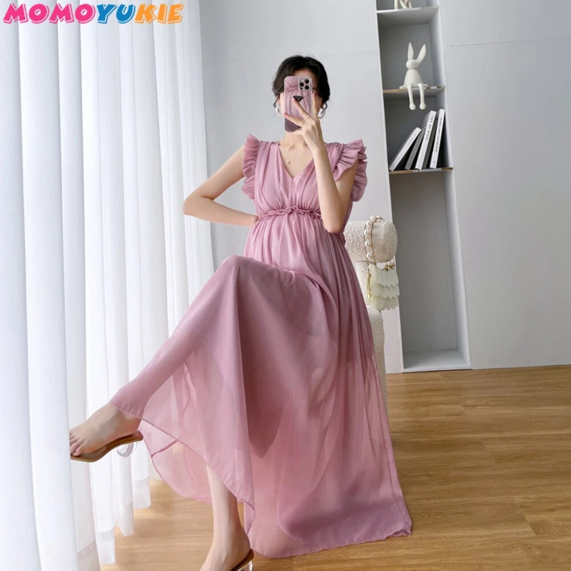 Suvised peokleidid Rasedate haldjaskleit kroonlehtedega varrukatega kõrge vöökohaga V-kaelusega rasedatele kleit Varrukateta printsessi šifoonkleit