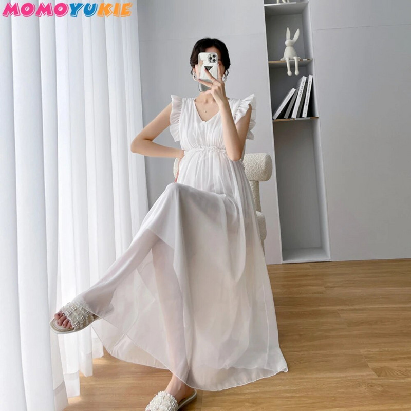 Suvised peokleidid Rasedate haldjaskleit kroonlehtedega varrukatega kõrge vöökohaga V-kaelusega rasedatele kleit Varrukateta printsessi šifoonkleit