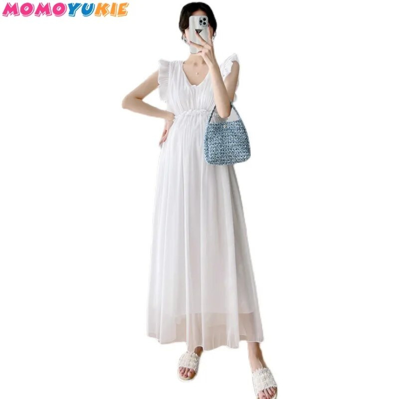 Suvised peokleidid Rasedate haldjaskleit kroonlehtedega varrukatega kõrge vöökohaga V-kaelusega rasedatele kleit Varrukateta printsessi šifoonkleit