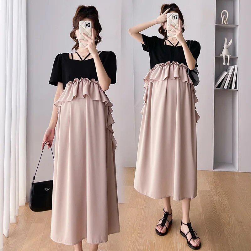 Suvine rasedate pikk kleit ruudukujuline krae lühikeste varrukatega lapiline šifoonist riided rasedatele volangidega raseduskleidid