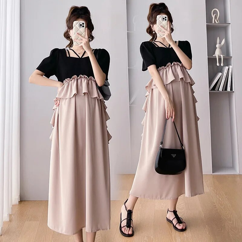 Suvine rasedate pikk kleit ruudukujuline krae lühikeste varrukatega lapiline šifoonist riided rasedatele volangidega raseduskleidid