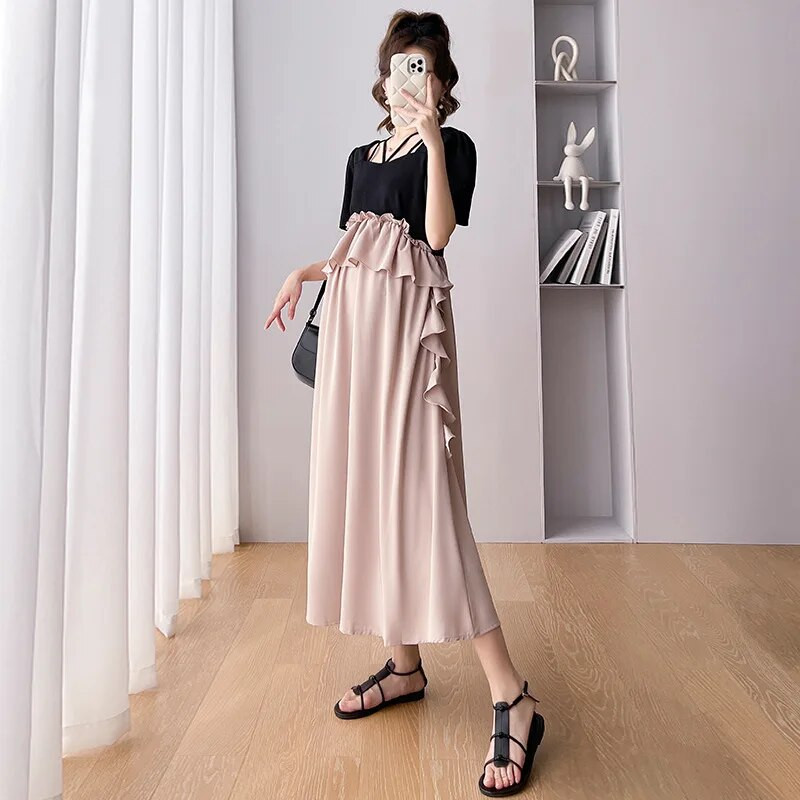 Suvine rasedate pikk kleit ruudukujuline krae lühikeste varrukatega lapiline šifoonist riided rasedatele volangidega raseduskleidid