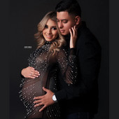 Φόρεμα με μαργαριτάρι Rhinestone Maternity Photography Stretchy Tulle Crystal Skinny Photo Shoot Φόρεμα με φούντα με πλήρες μανίκι