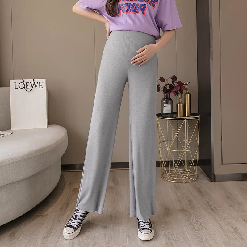 Nėščioms moterims Vasarinės plonos plačios kelnės Laisvos motinystės pilvo kelnės aukštu juosmeniu Nėštumo kelnės viso ilgio pilvo kelnės