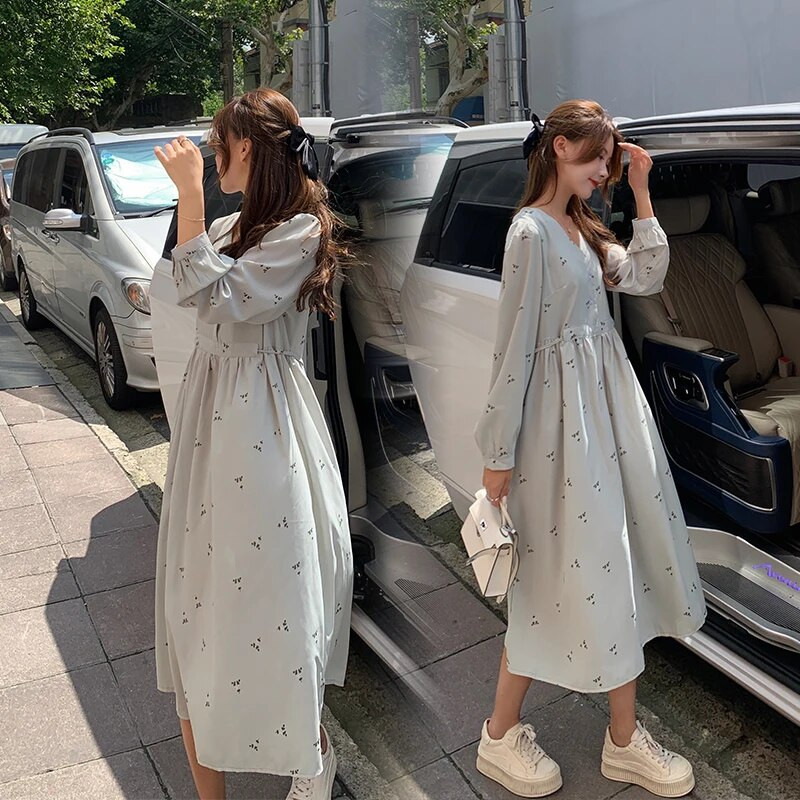 Moeprindiga lahtised pikad rasedatele naistele roheline kleit v-kaelusega laternaga varrukatega rasedatele lilleline kleit Suures suuruses rasedusriided