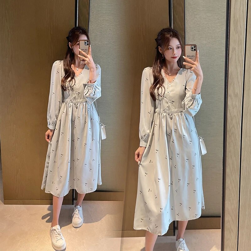 Moeprindiga lahtised pikad rasedatele naistele roheline kleit v-kaelusega laternaga varrukatega rasedatele lilleline kleit Suures suuruses rasedusriided