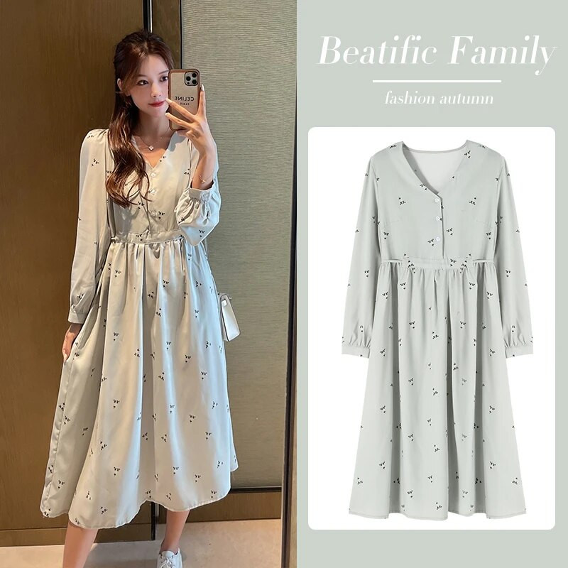 Moeprindiga lahtised pikad rasedatele naistele roheline kleit v-kaelusega laternaga varrukatega rasedatele lilleline kleit Suures suuruses rasedusriided