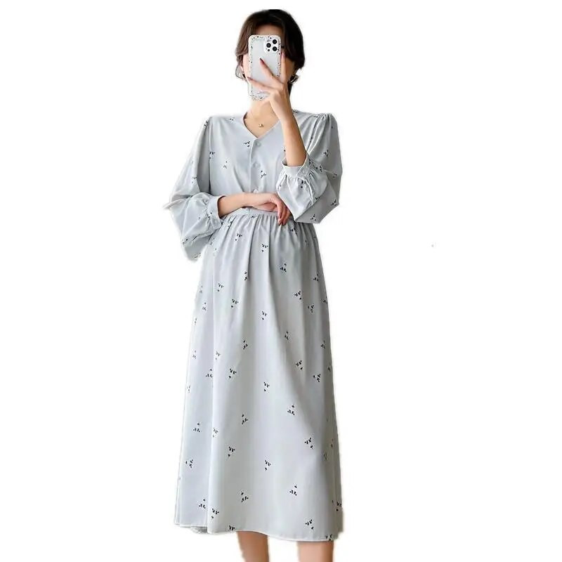 Moeprindiga lahtised pikad rasedatele naistele roheline kleit v-kaelusega laternaga varrukatega rasedatele lilleline kleit Suures suuruses rasedusriided