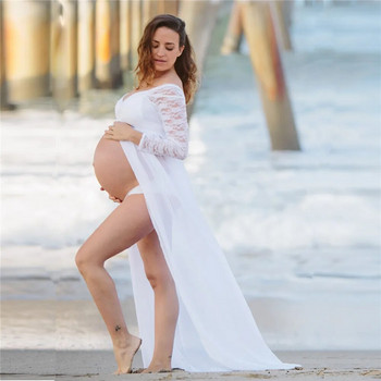 Λευκή δαντέλα+σιφόν Φόρεμα εγκυμοσύνης Φωτογραφία Φορέματα εγκυμοσύνης Σέξι σπαστό μπροστά γυναίκες Έγκυες μάξι φόρεμα για φωτογραφικό στήριγμα