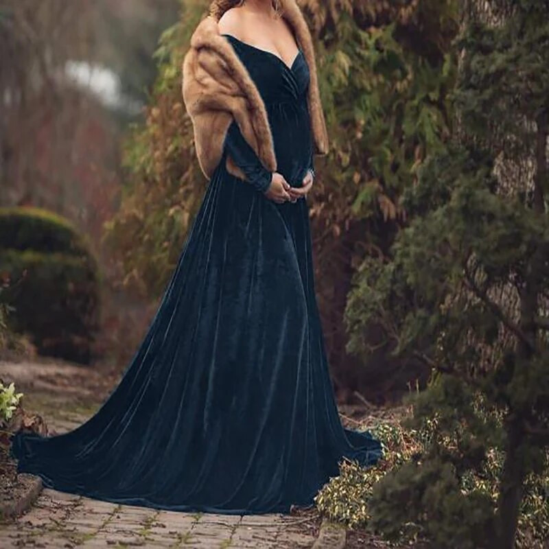 2022 m. rudens Naujos nėščiųjų suknelės, skirtos fotografuoti, žieminė, seksuali aksominė V formos iškirptė, ilga suknelė nėščioms moterims vakarėlio kostiumas