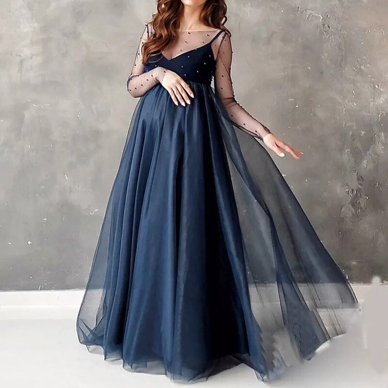 2022. aasta pikkade varrukatega helmestest võrkkleit rasedatele, pulmakleit, pildistamisrekvisiidid, rasedate kleit, mood rasedate naiste rõivad