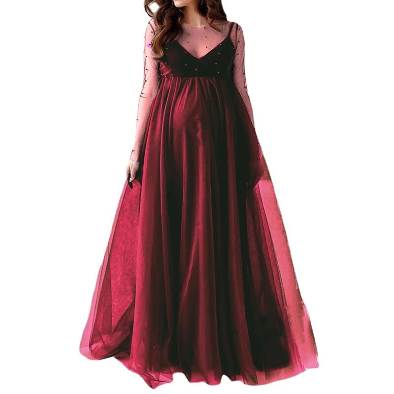 2022. aasta pikkade varrukatega helmestest võrkkleit rasedatele, pulmakleit, pildistamisrekvisiidid, rasedate kleit, mood rasedate naiste rõivad