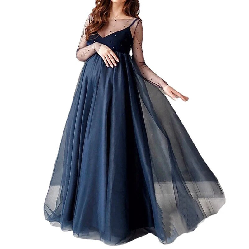 2022. aasta pikkade varrukatega helmestest võrkkleit rasedatele, pulmakleit, pildistamisrekvisiidid, rasedate kleit, mood rasedate naiste rõivad