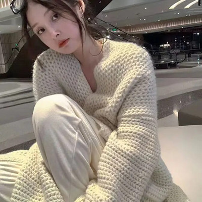 2023 Φθινόπωρο/Χειμώνας Νέο Πουλόβερ μεσαίου μήκους Μονόχρωμο Πλεκτό Ζακέτα Γυναικεία μπλούζες Ροζ Παλτό εγκυμοσύνης Plus Size