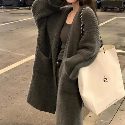 2023 Φθινόπωρο/Χειμώνας Νέο Πουλόβερ μεσαίου μήκους Μονόχρωμο Πλεκτό Ζακέτα Γυναικεία μπλούζες Ροζ Παλτό εγκυμοσύνης Plus Size