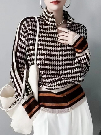 Зимен дамски пуловер с висока яка през 2023 г. Топъл пуловер Елегантен топ Свободен ежедневен дамски топ Ретро жилетка с контрастни цветове