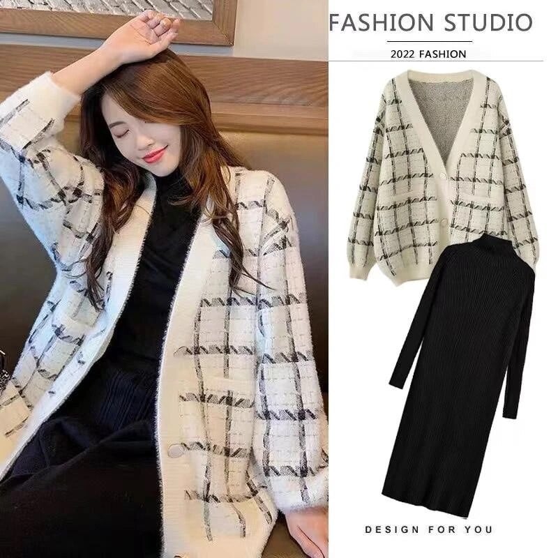 Rudens modes sieviešu jakas ar garām piedurknēm grūtniecēm, garas, brīvas V veida kakla rūtainas jakas Liela izmēra grūtnieču džemperi Trikotāžas mēteļi