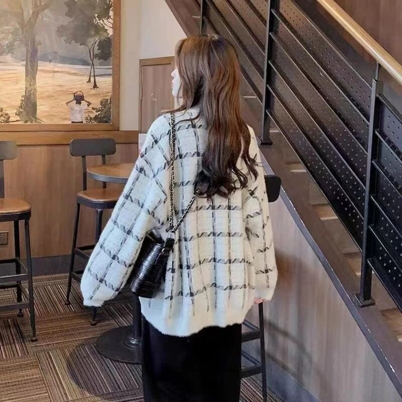 Rudens modes sieviešu jakas ar garām piedurknēm grūtniecēm, garas, brīvas V veida kakla rūtainas jakas Liela izmēra grūtnieču džemperi Trikotāžas mēteļi