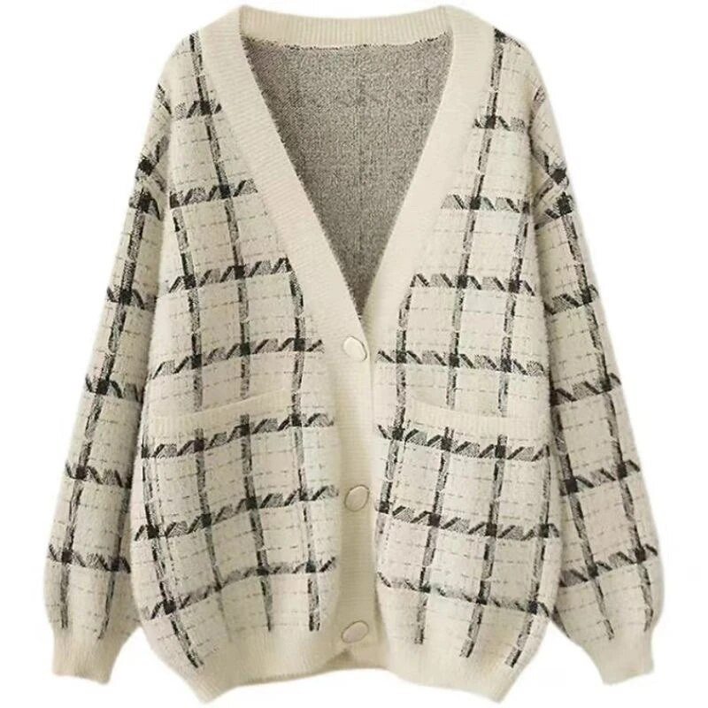 Rudens modes sieviešu jakas ar garām piedurknēm grūtniecēm, garas, brīvas V veida kakla rūtainas jakas Liela izmēra grūtnieču džemperi Trikotāžas mēteļi