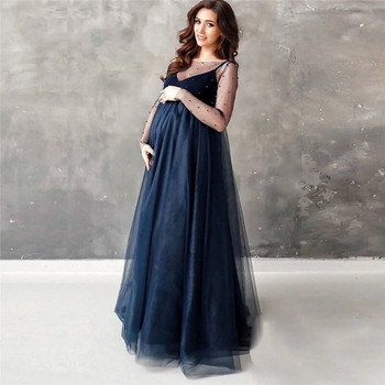 Φούστα μητρότητας Νέα δαντέλα από τούλι με μαργαριταρένια διακόσμηση μάξι φόρεμα Σέξι έγκυος βραδινό φόρεμα για baby shower