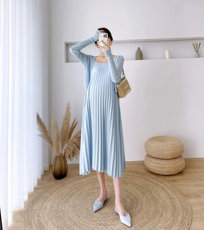 Priežastinės mados klostuotos dvi dalys motinystės elegantiškos solidžios nėščios moters sijonai be rankovių 2022 m. vasaros seksualios „Camis“ suknelės