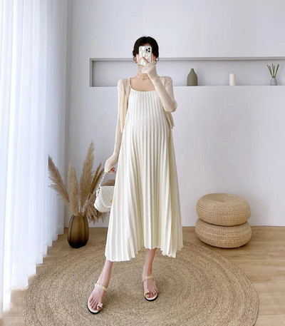 Priežastinės mados klostuotos dvi dalys motinystės elegantiškos solidžios nėščios moters sijonai be rankovių 2022 m. vasaros seksualios „Camis“ suknelės