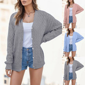 Moteriškas ilgomis rankovėmis užsegamas mygtukas V kaklu, mielas megztinis megztinis moteriškas atviras priekis