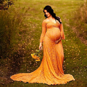 Νέο φόρεμα εγκυμοσύνης με δαντέλα για φωτογραφική λήψη Φανταχτερό σέξι μακρύ φόρεμα εγκυμοσύνης Flare μανίκια γυναικεία μάξι φόρεμα φωτογραφίας 2021