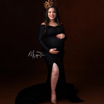 Σέξι φορέματα εγκυμοσύνης χωρίς ώμους για φωτογράφιση μάξι φόρεμα χωρισμένη έγκυες γυναίκες Ρούχα μακράς εγκυμοσύνης