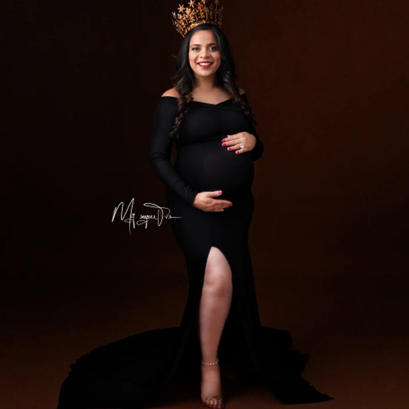 Seksualios nėščiųjų suknelės be pečių, skirtos fotosesijai, „Maxi“ suknelė, suskilusi moteris, nėščia, fotografuojanti, ilgos nėštumo suknelės drabužiai