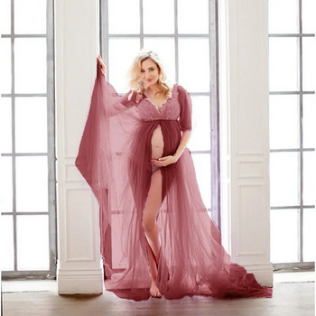 Μακρύ φόρεμα για έγκυες φωτογραφίες European American Mesh με κορδόνι και φόρεμα που σέρνεται στο πάτωμα Φορέματα φωτογραφίας εγκυμοσύνης