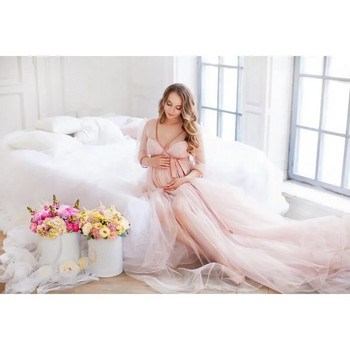 Μακρύ φόρεμα για έγκυες φωτογραφίες European American Mesh με κορδόνι και φόρεμα που σέρνεται στο πάτωμα Φορέματα φωτογραφίας εγκυμοσύνης
