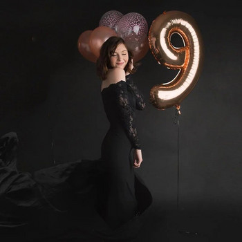 Μαύρο τούλι με δαντέλα μάξι φορέματα εγκυμοσύνης Φορέματα μακρυμάνικο κομψό φόρεμα για φωτογράφιση Sexy Off Shoulder Φωτογραφία εγκυμοσύνης 2023