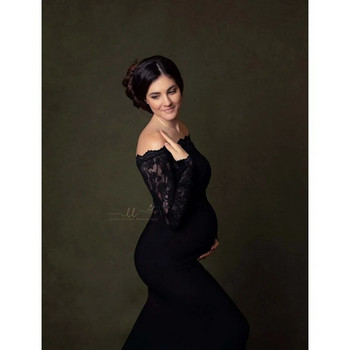 Μαύρο τούλι με δαντέλα μάξι φορέματα εγκυμοσύνης Φορέματα μακρυμάνικο κομψό φόρεμα για φωτογράφιση Sexy Off Shoulder Φωτογραφία εγκυμοσύνης 2023