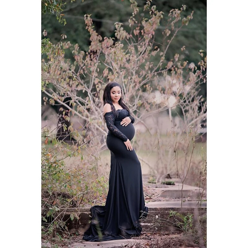 Mustast tüllist pitsist rasedatele mõeldud maksikleidid kleidid pikkade varrukatega elegantne kleit fotosessiooniks Seksikas õlgadeta rasedusfoto 2023