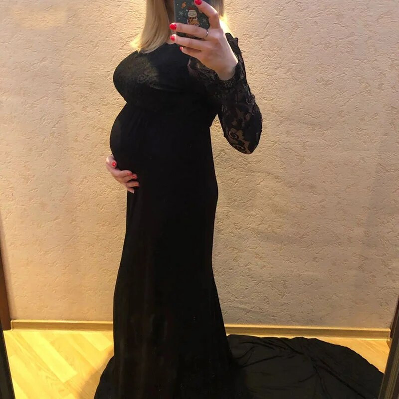 Mustast tüllist pitsist rasedatele mõeldud maksikleidid kleidid pikkade varrukatega elegantne kleit fotosessiooniks Seksikas õlgadeta rasedusfoto 2023