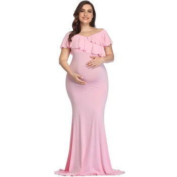 Φόρεμα φωτογραφιών έγκυων γυναικών Μακριά φούστα με μακρυμάνικο βολάν V με λαιμόκοψη Βαμβακερό στενό κομψό σέξι βρεφικό φόρεμα ντους για μωρά Νέο