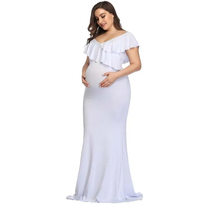 Rasedate naiste fotosessioonikleit, pikk seelik, pikkade varrukatega V-kaelusega volangid, puuvillane liibuv Elegantne seksikas õhtukleit beebile, õhtukleit Uus