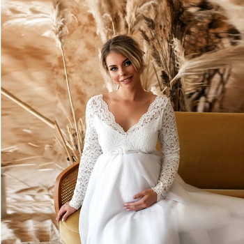 Σέξι μακρυμάνικο δαντέλα με λαιμόκοψη V για έγκυες γυναίκες Casual σέξι βραδινό φόρεμα Λευκά μάξι φορέματα εγκυμοσύνης για φωτογράφηση