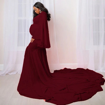 Φορέματα εγκυμοσύνης για φωτογραφική λήψη Φούστα μακριά ουρά Βαθύ μακρυμάνικο με λαιμόκοψη V-λαιμόκοψη Σέξι βραδινό φόρεμα μάξι γοργόνας Baby shower κόκκινο φόρεμα
