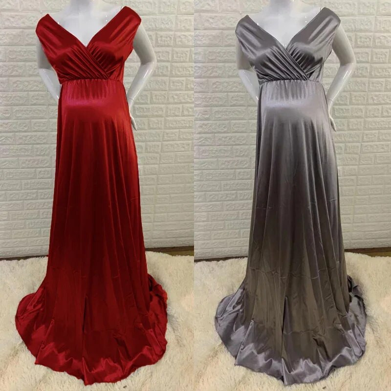 Sügav V-kaelusega rasedusseelik fotosessiooniks Pika seelikuga kleit fotosessiooniks Raseduse seksikas Maxi Raseduse siidist beebi dušikleit