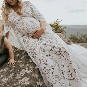 Ρούχα για έγκυες γυναίκες Δαντέλα εγκυμοσύνης Μακρύ φόρεμα με μανίκι V λαιμόκοψη για έγκυες φανταχτερές λήψεις φωτογραφιών