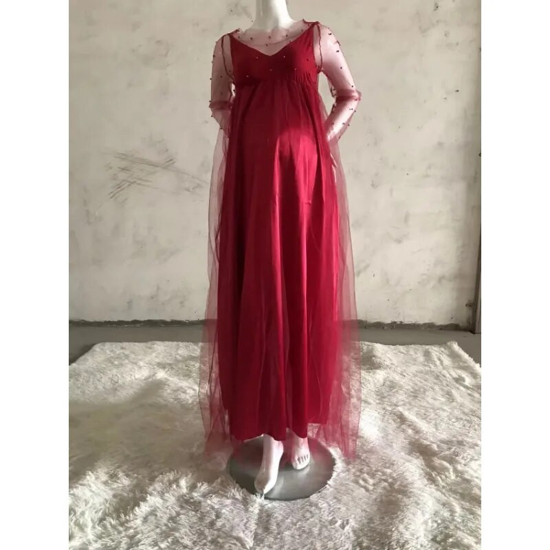 Euroopa Ameerika pikkade varrukatega helmeste võrk Lapikujuline rase naine Seksikas avar mop kleit Rasedusfotograafia Kleidid Riided