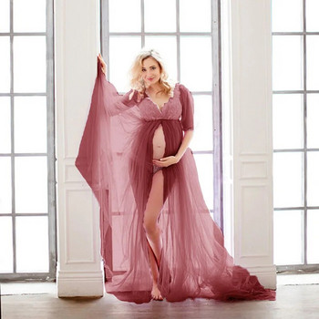 Φόρεμα με βολάν με λαιμόκοψη V για έγκυες γυναίκες, σέξι φανταχτερή φωτογράφιση Baby shower Maxi φόρεμα