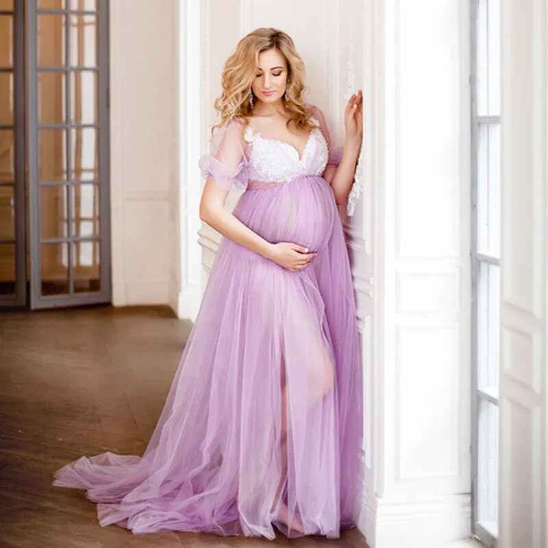 Grūtnieču Tills Perspektīvas volāniem fotografēšanas kleita Mežģīņu V veida kakla izgriezums grūtniecēm Seksīga, grezna fotosesija Baby Shower Maxi kleita