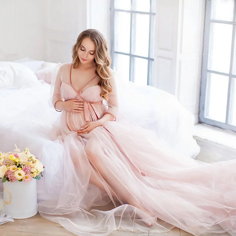 Grūtnieču Tills Perspektīvas volāniem fotografēšanas kleita Mežģīņu V veida kakla izgriezums grūtniecēm Seksīga, grezna fotosesija Baby Shower Maxi kleita