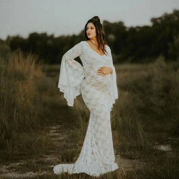 Flare μανίκι λευκό φόρεμα μάξι με δαντέλα Φόρεμα εγκυμοσύνης Σέξι φόρεμα εγκυμοσύνης με λαιμόκοψη σε V για φωτογραφία με μακρυμάνικο γυναικείο φόρεμα εγκυμοσύνης