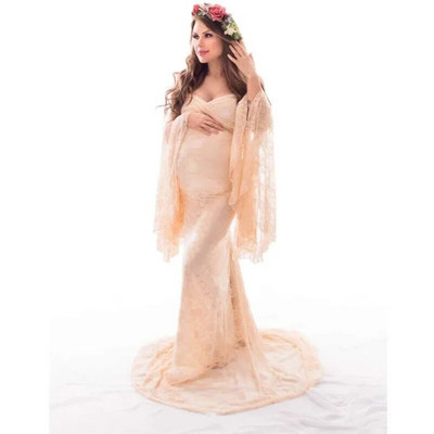 Rochie maxi din dantelă albă cu mâneci flare Rochie de maternitate Rochie de sarcină sexy cu decolteu în V pentru ședință foto Rochie de maternitate cu mâneci lungi pentru femei